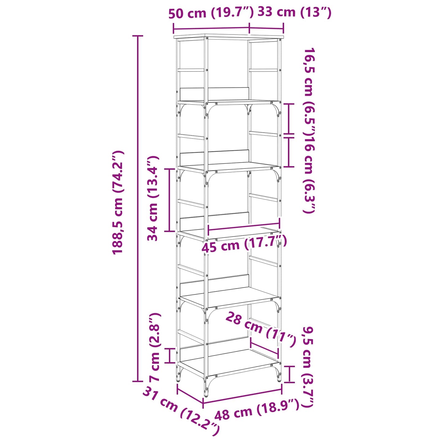 Bücherregal 5 Ebenen 50 x 33 x 188,5 cm Holzwerkstoff