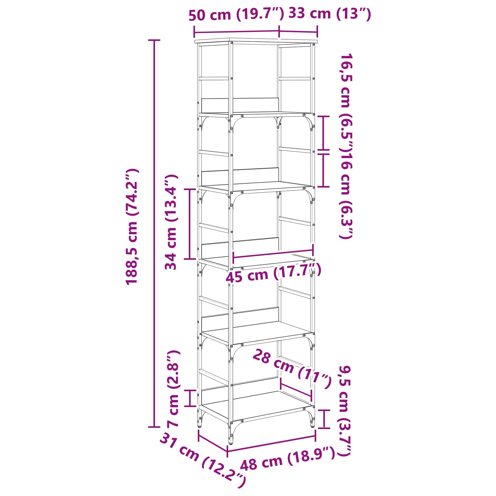 Bücherregal 5 Ebenen 50 x 33 x 188,5 cm Holzwerkstoff