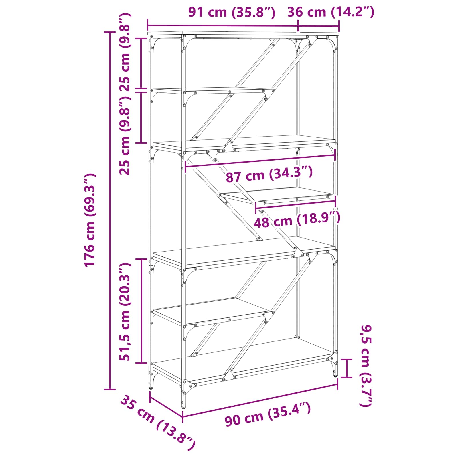 Bücherregal 9 Ebenen 91 x 36 x 176 cm Holzwerkstoff