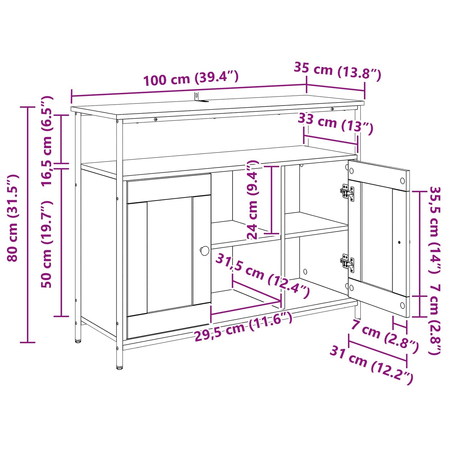 Sideboard Schwarz Eichen-Optik 100 x 35 x 80 cm Holzwerkstoff