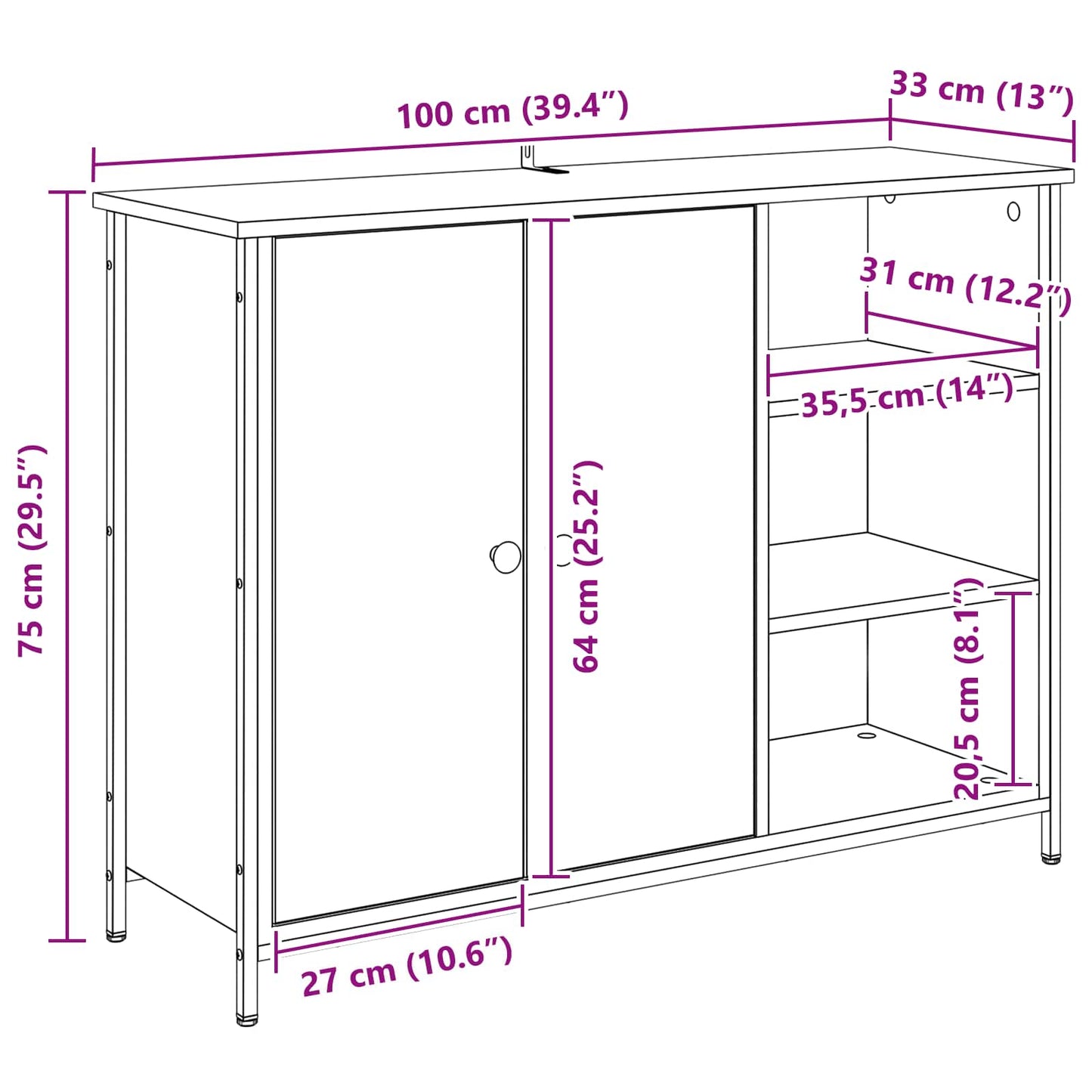 Sideboard Schwarz Eichen-Optik 100 x 33 x 75 cm Holzwerkstoff