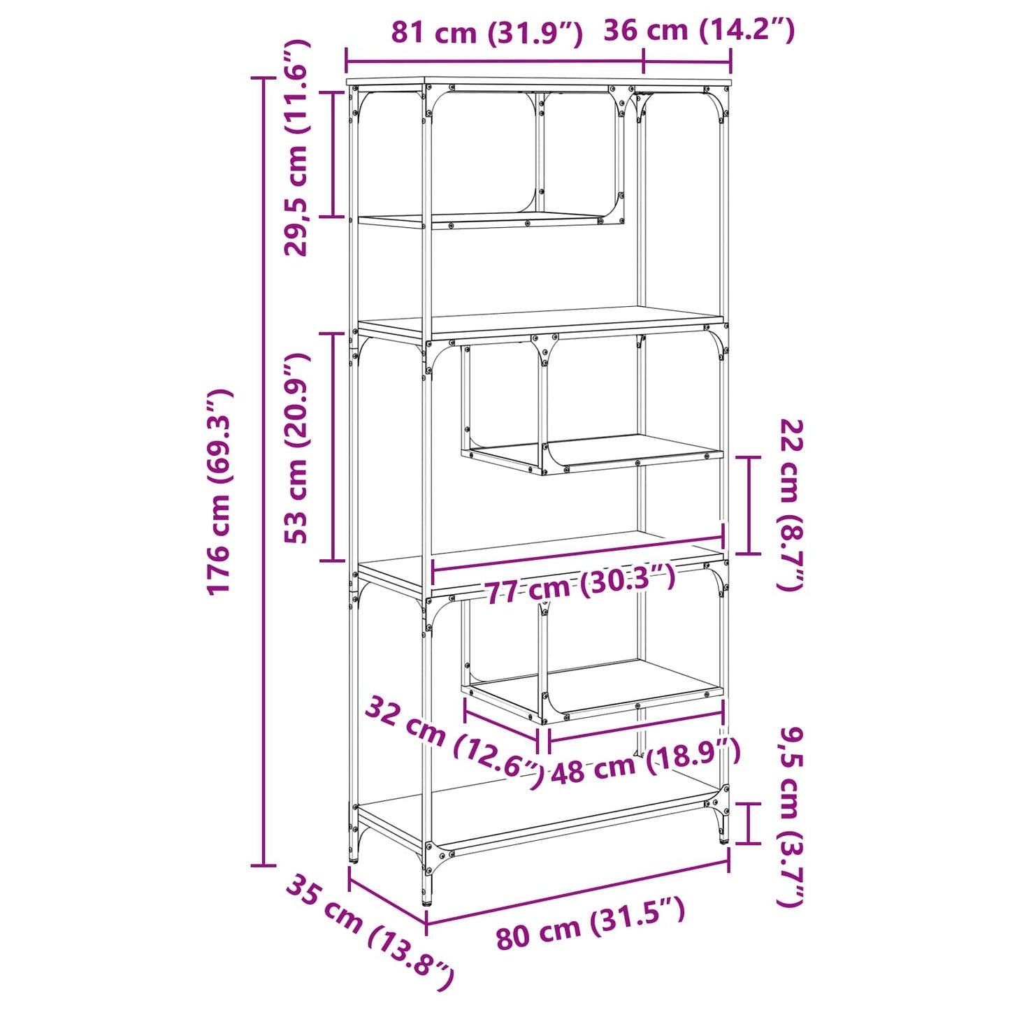 Bücherregal 6 Ebenen 81 x 36 x 176 cm Holzwerkstoff