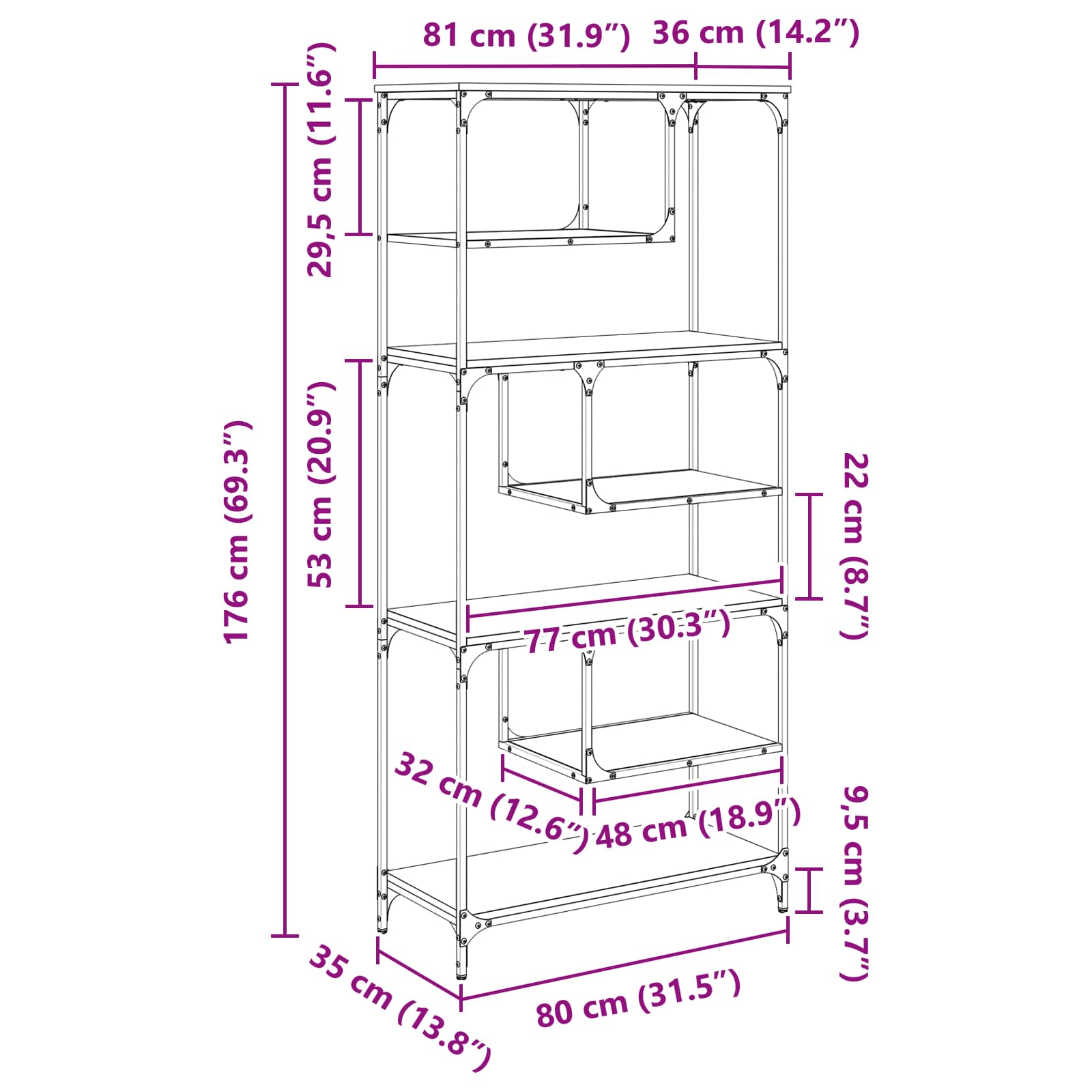 Bücherregal 6 Ebenen 81 x 36 x 176 cm Holzwerkstoff