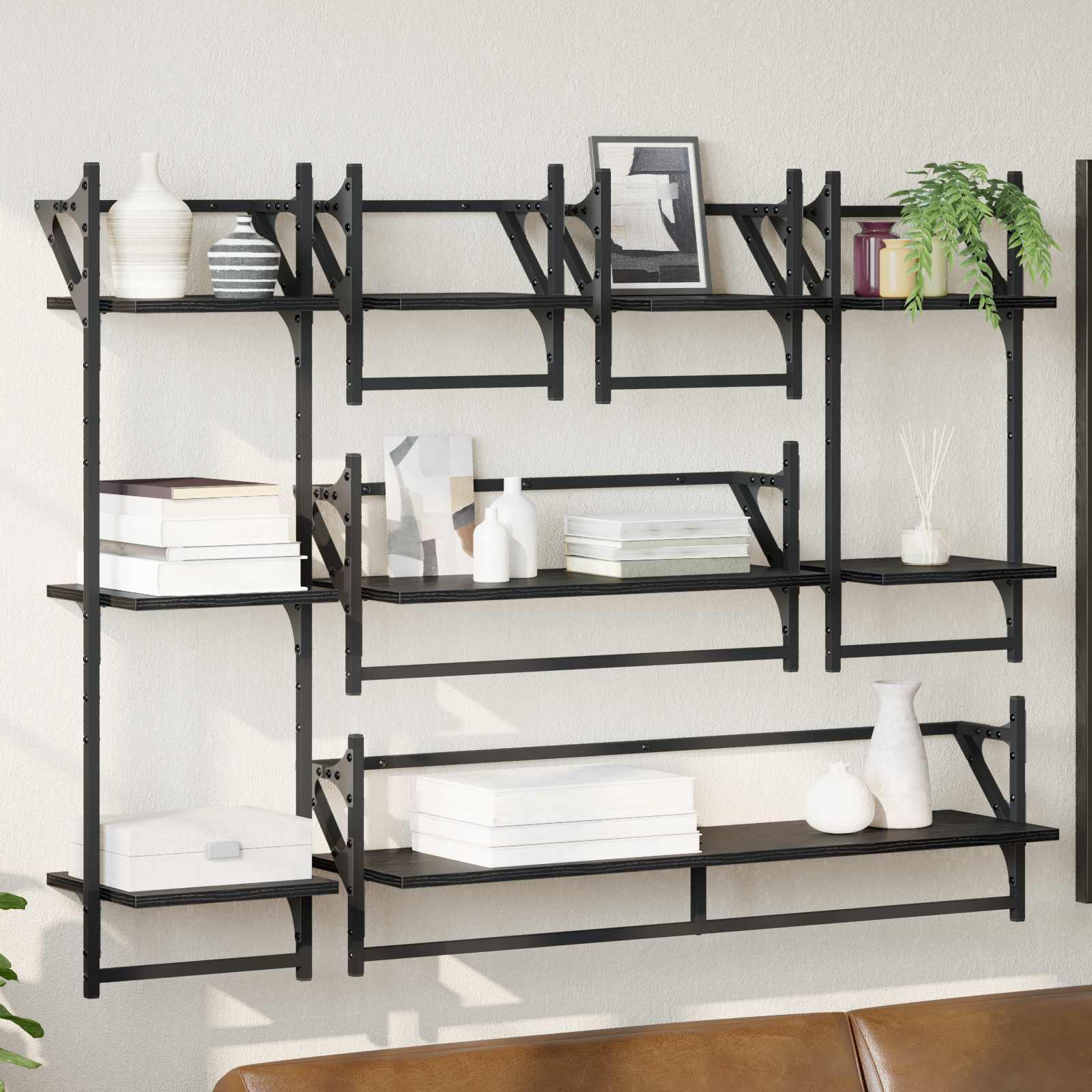 Wandregal-Set 6 stk. Schwarz Eichen-Optik 100 x 25 x 30 cm