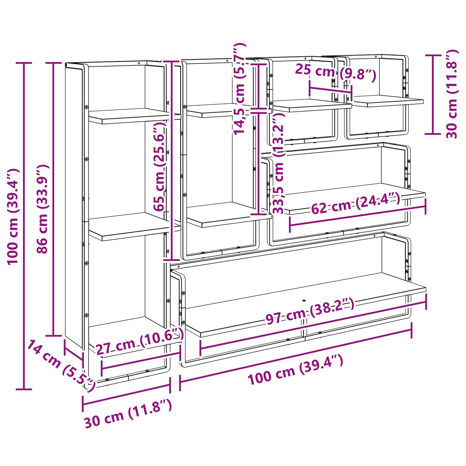 Wandregal-Set 6 stk. Schwarz Eichen-Optik 100 x 25 x 30 cm