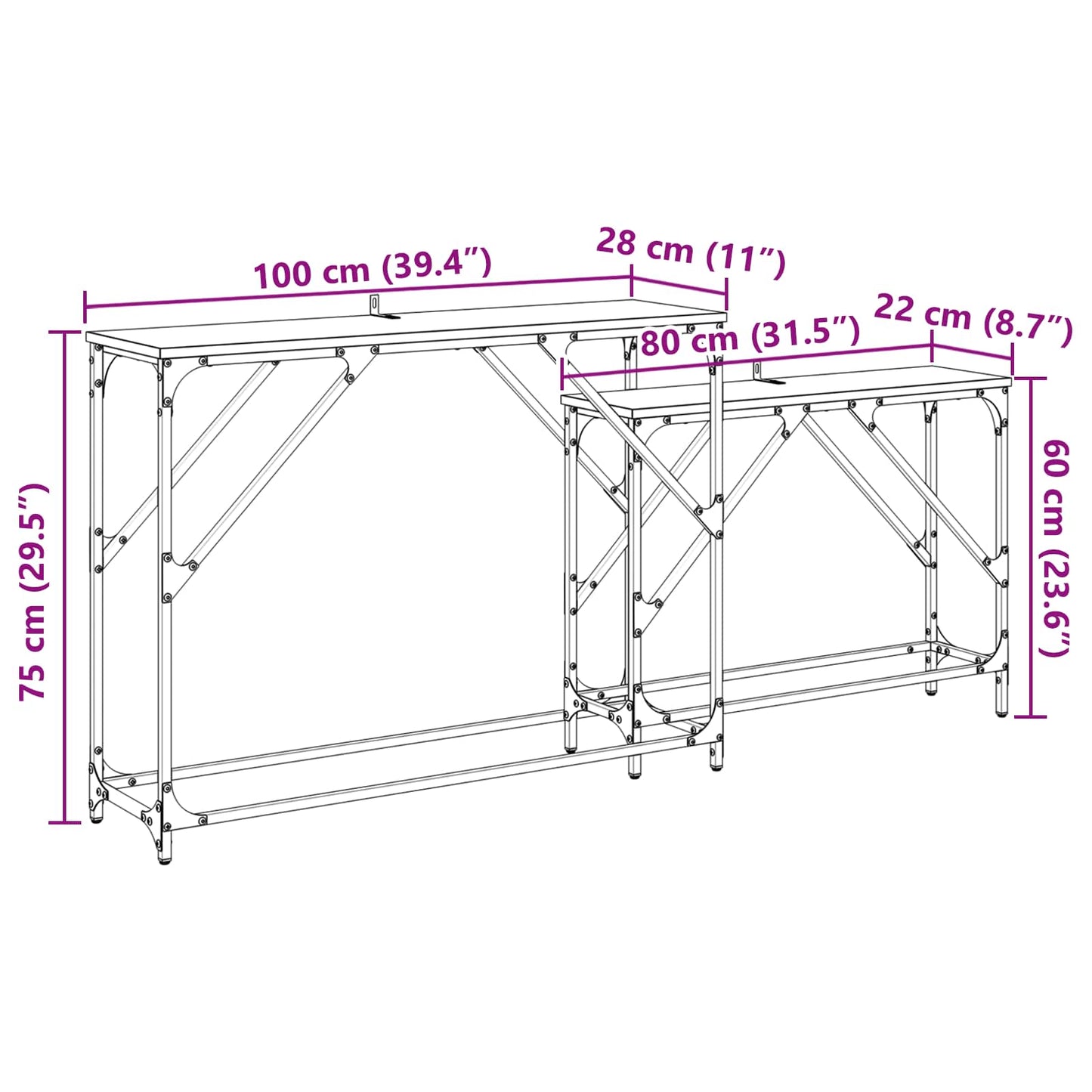 Konsolentisch 2 Stk. Schwarz Eichen-Optik 100 x 28 x 75 cm
