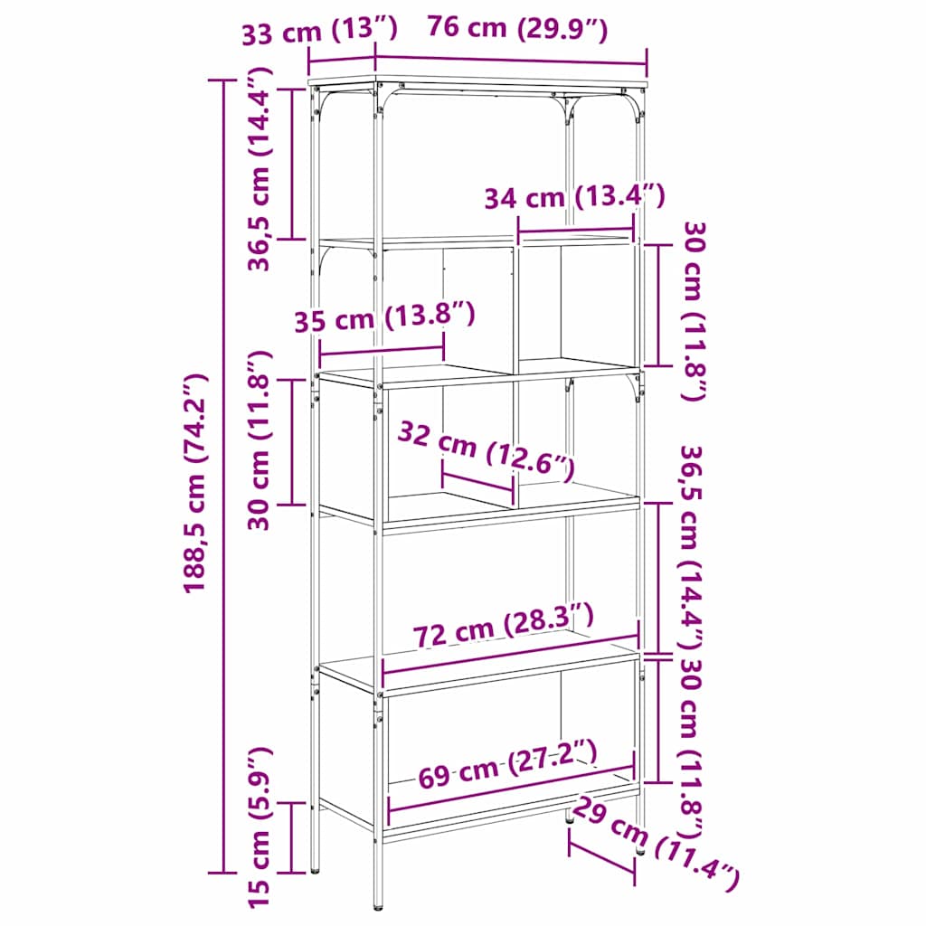 Bücherregal 7 Ebenen 76 x 33 x 188,5 cm Holzwerkstoff