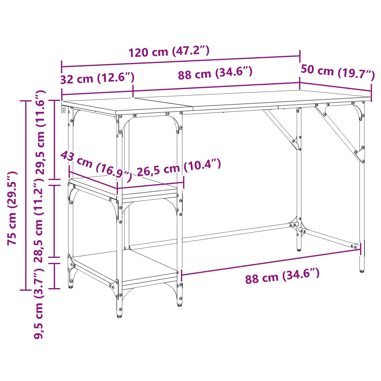 Schreibtisch Schwarz Eichen-Optik 120 x 50 x 75 cm