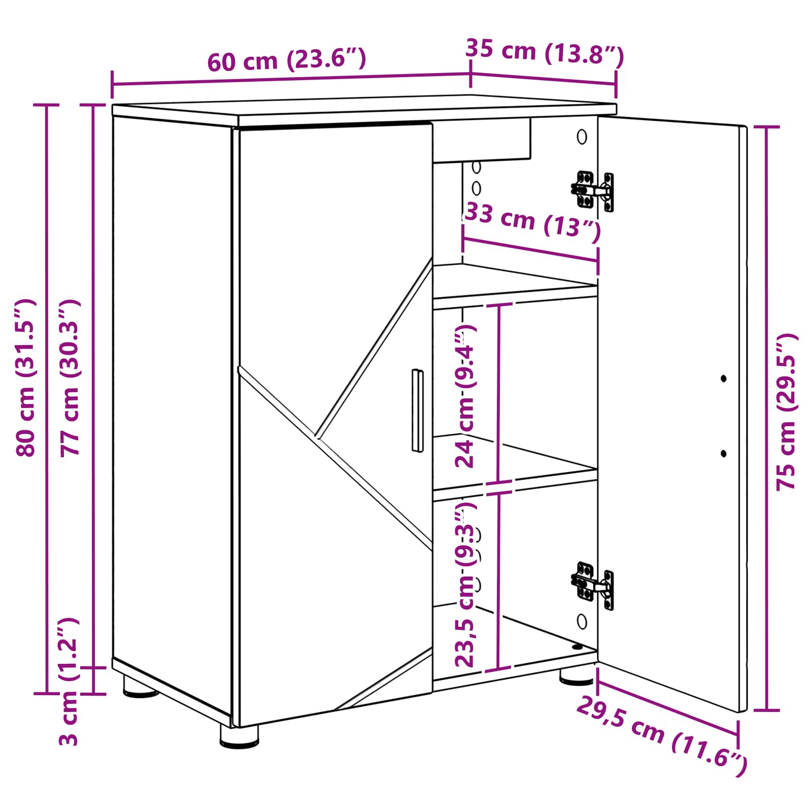 Badezimmerschrank Geräucherte Eiche 60 x 35 x 80 cm