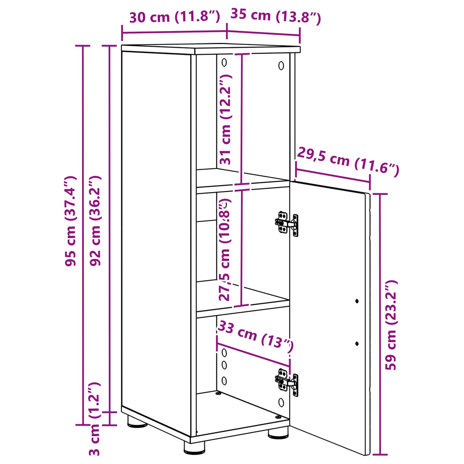 Badezimmerschrank Geräucherte Eiche 30 x 35 x 95 cm