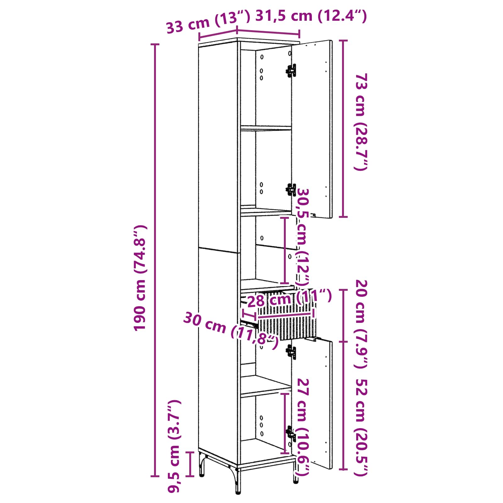 Badezimmerschrank Beton Grau 31,5 x 33 x 190 cm