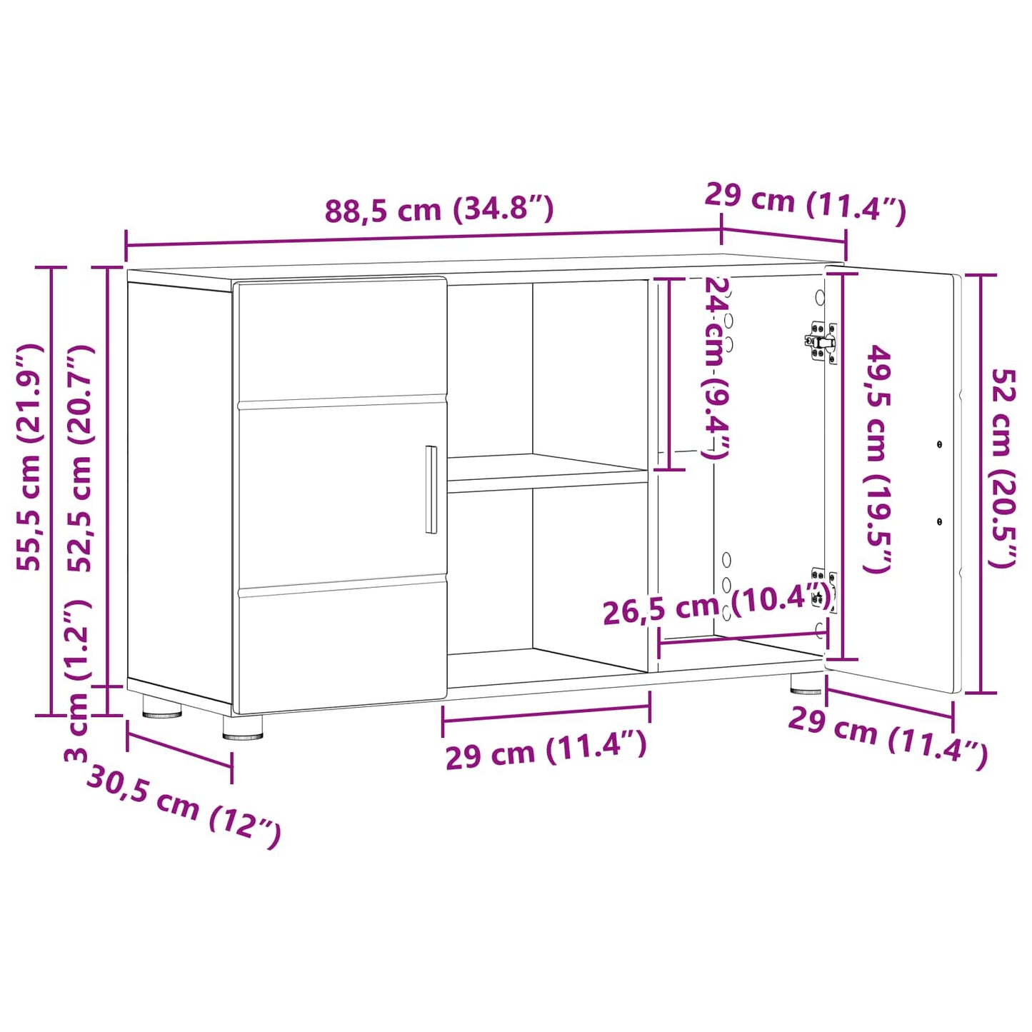 Sideboard FLORIN 88,5 x 30,5 x 55,5 cm Altholz Holzwerkstoff