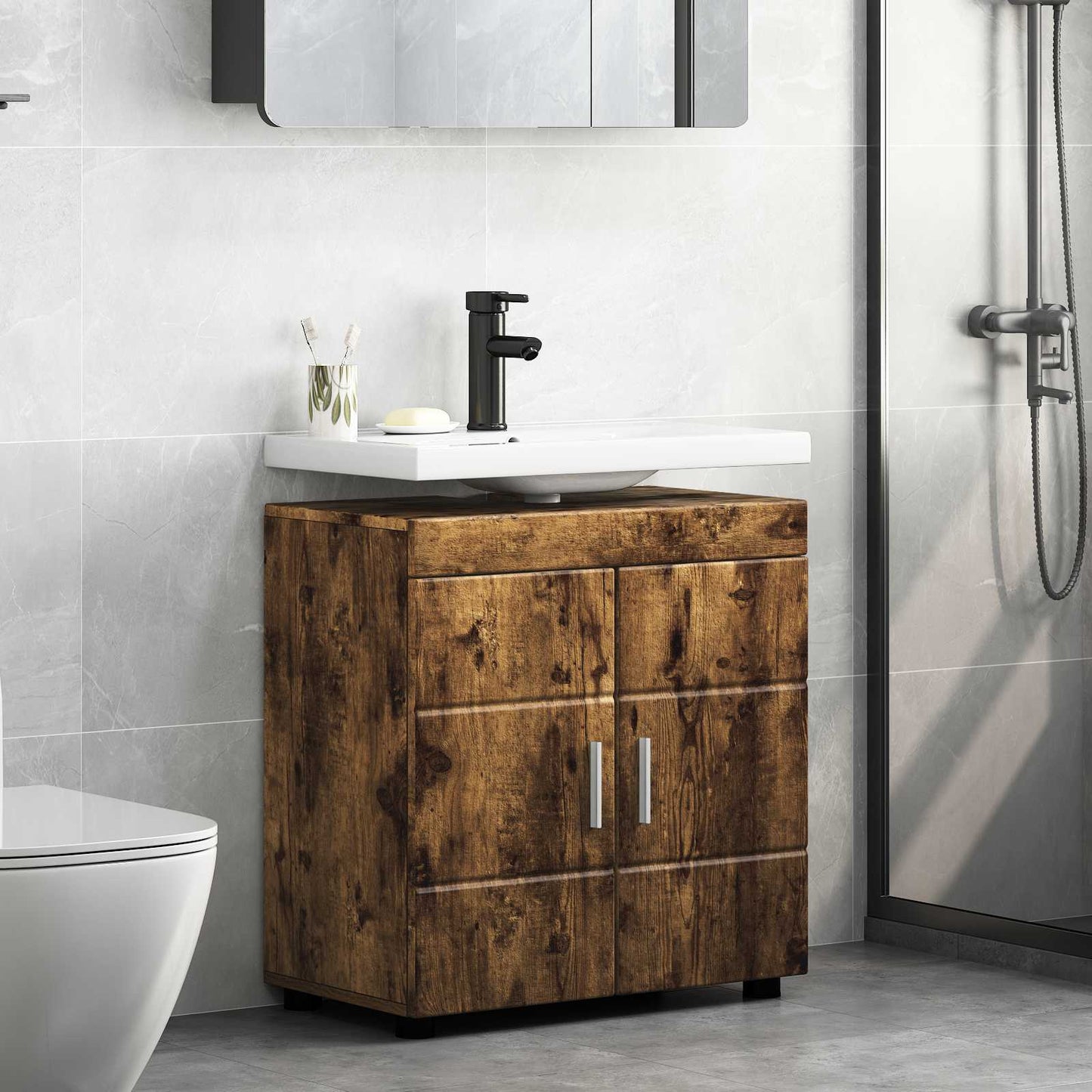 Badezimmerschrank-Set TULUM Geräucherte Eiche 60 x 34 x 63 cm