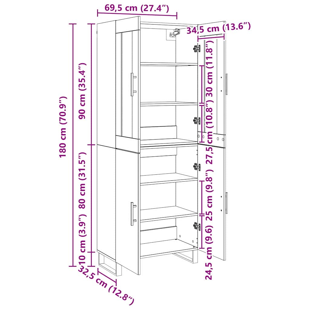 Highboard 2 stk. Schwarz Eichen-Optik 69,5 x 34 x 180 cm