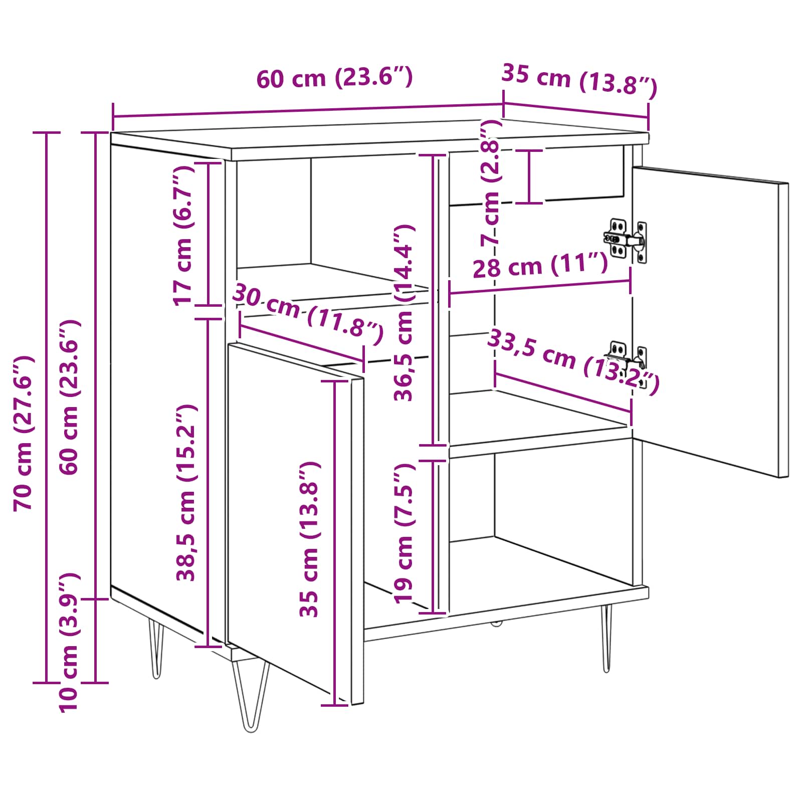 Sideboard 3 stk. Artisan-Eiche 60 x 35 x 70 cm