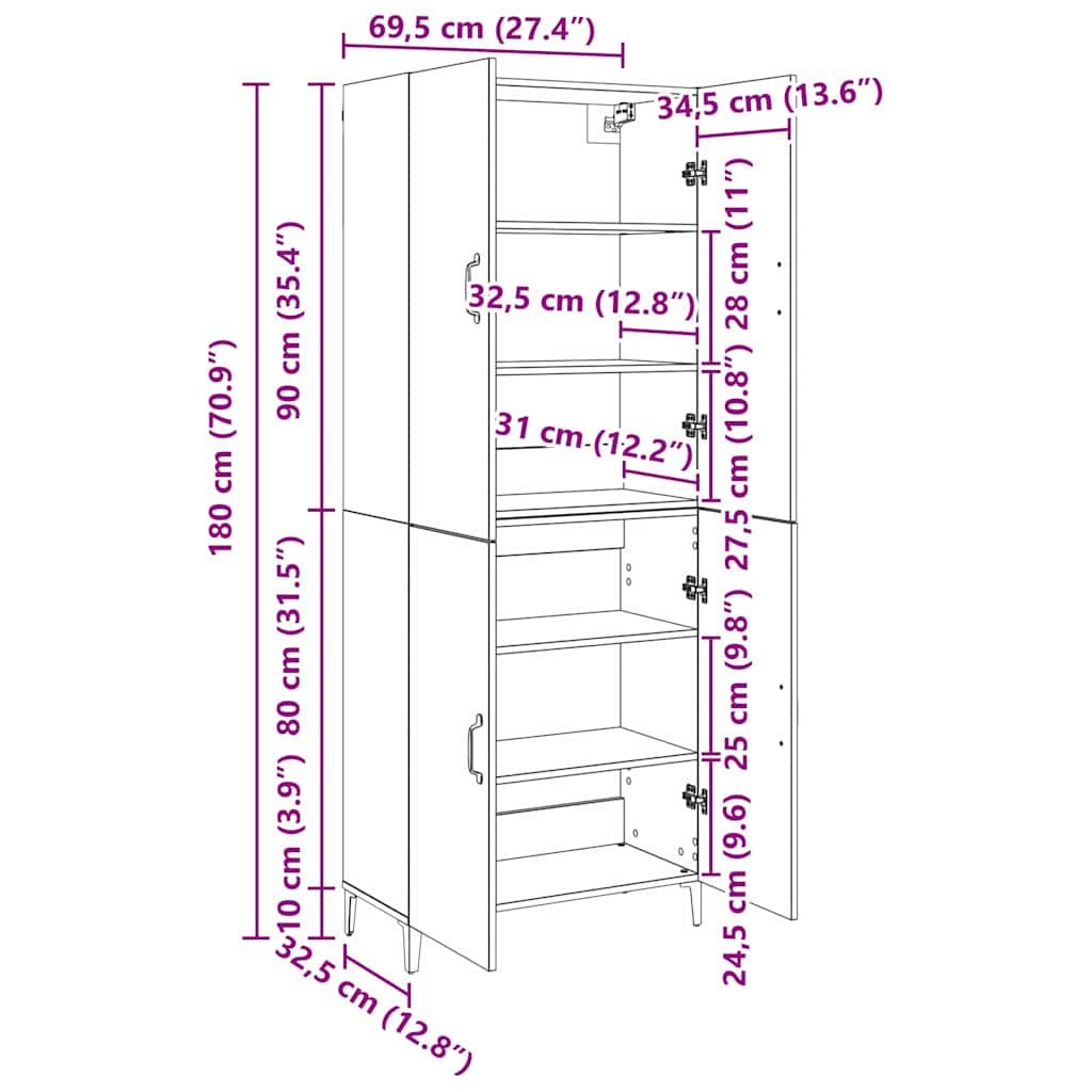 Highboard 2 stk. Artisan-Eiche 69,5 x 34 x 180 cm Holzwerkstoff