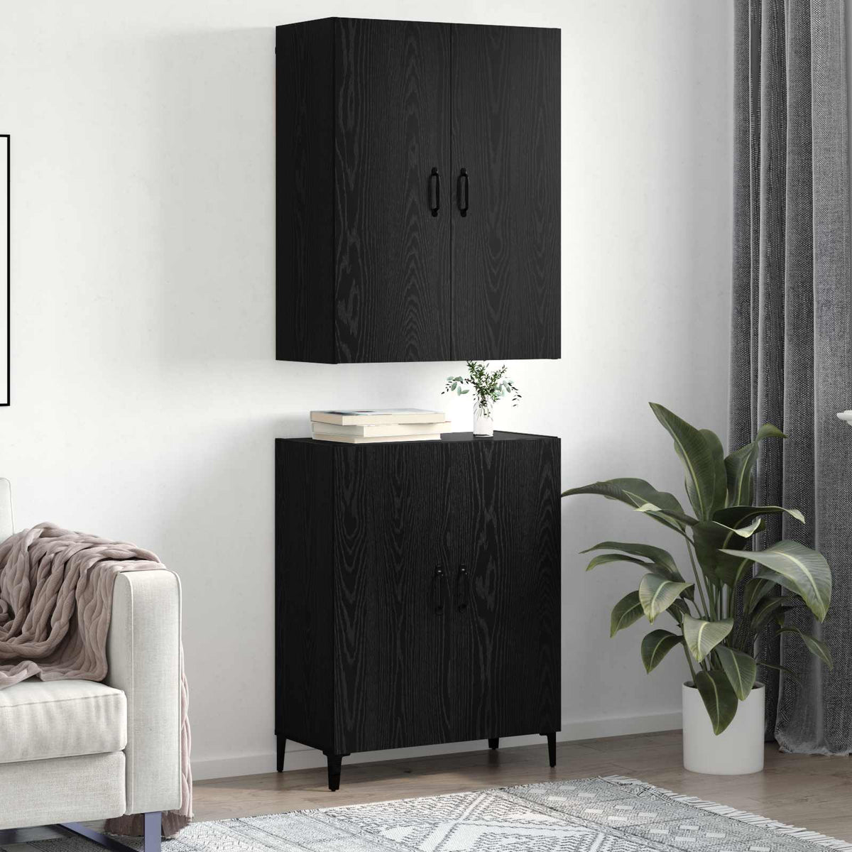 Highboard 2 stk. Schwarz Eichen-Optik 69,5 x 34 x 180 cm