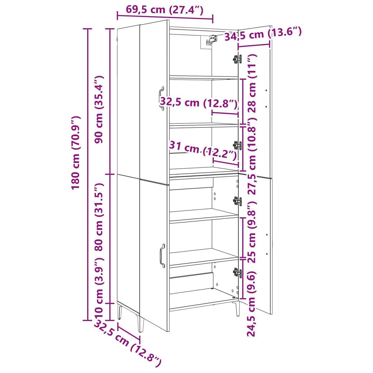 Highboard 2 stk. Schwarz Eichen-Optik 69,5 x 34 x 180 cm