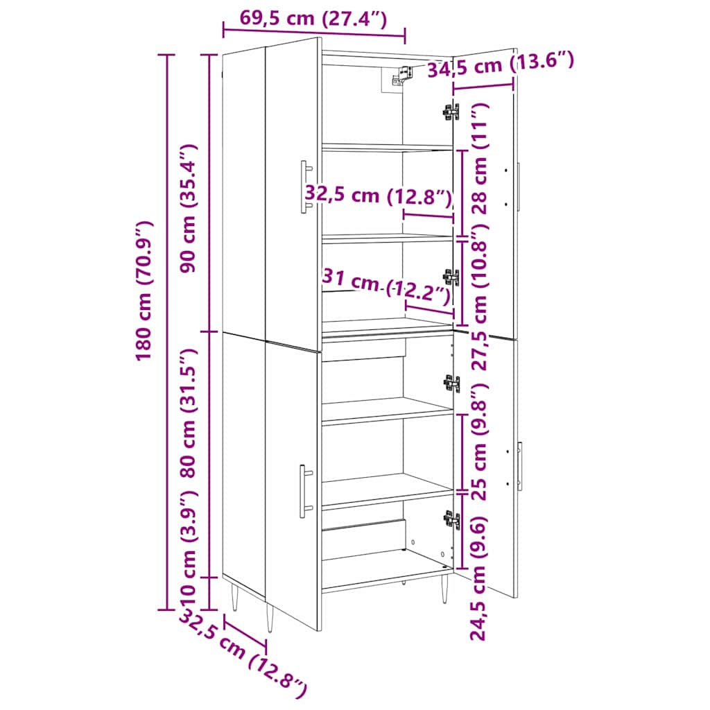 Highboard Altholz 69,5 x 34 x 180 cm Holzwerkstoff