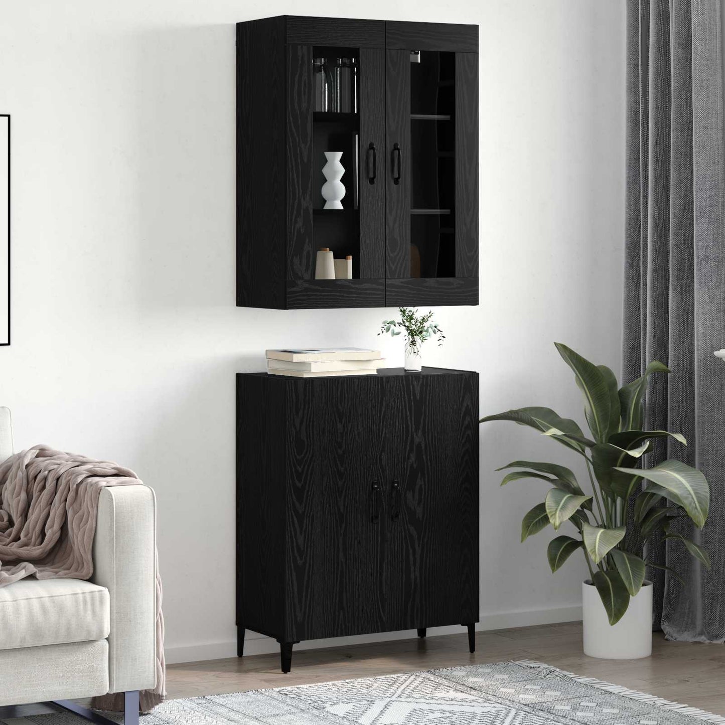 Highboard 2 pcs Schwarz Eichen-Optik Holzwerkstoff