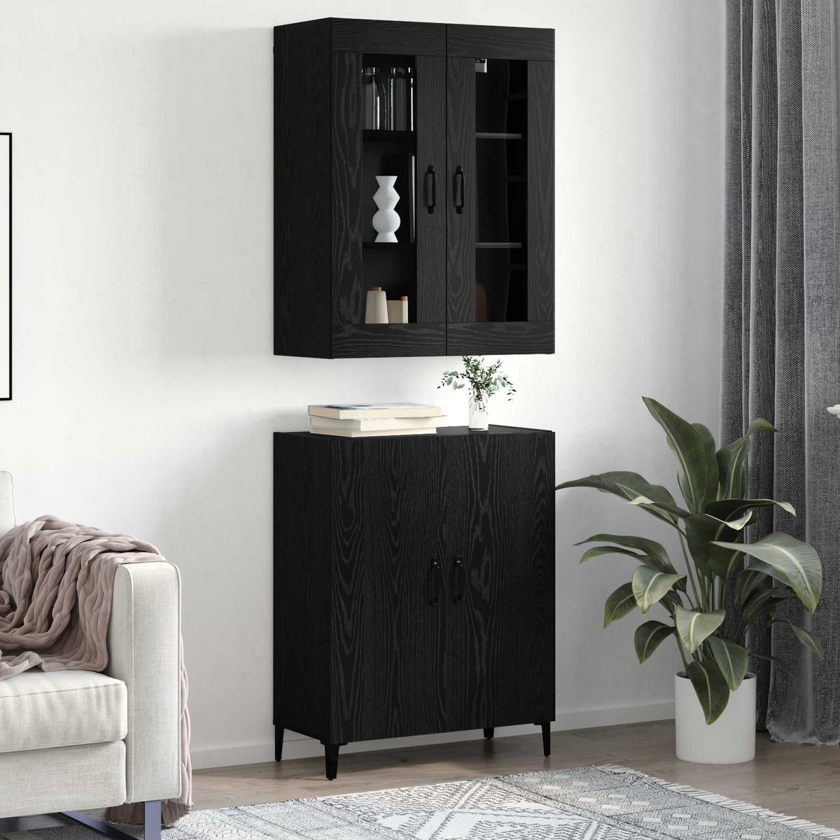Highboard 2 stk. Schwarz Eichen-Optik 69,5 x 34 x 180 cm