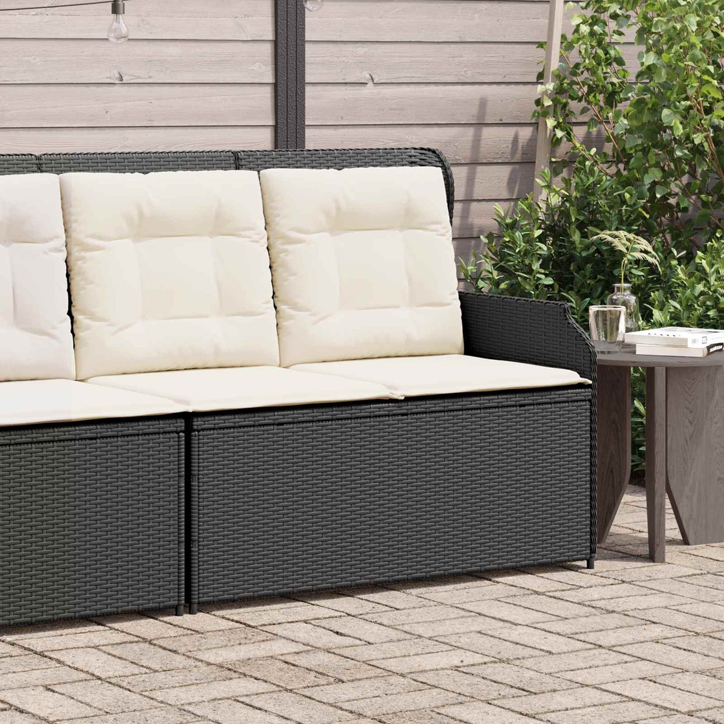 Gartenbank mit Kissen Schwarz und Cremeweiß Poly-Rattan