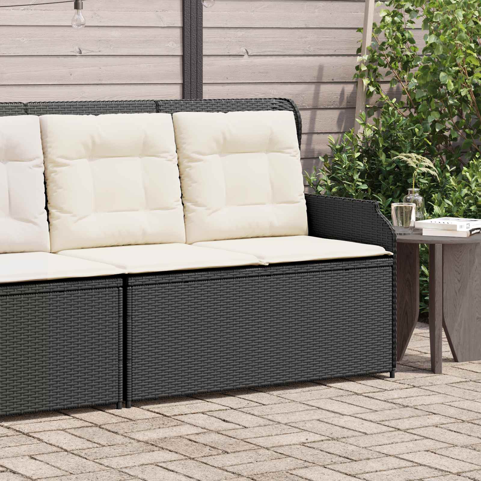 Gartenbank mit Kissen Schwarz und Cremeweiß Poly-Rattan
