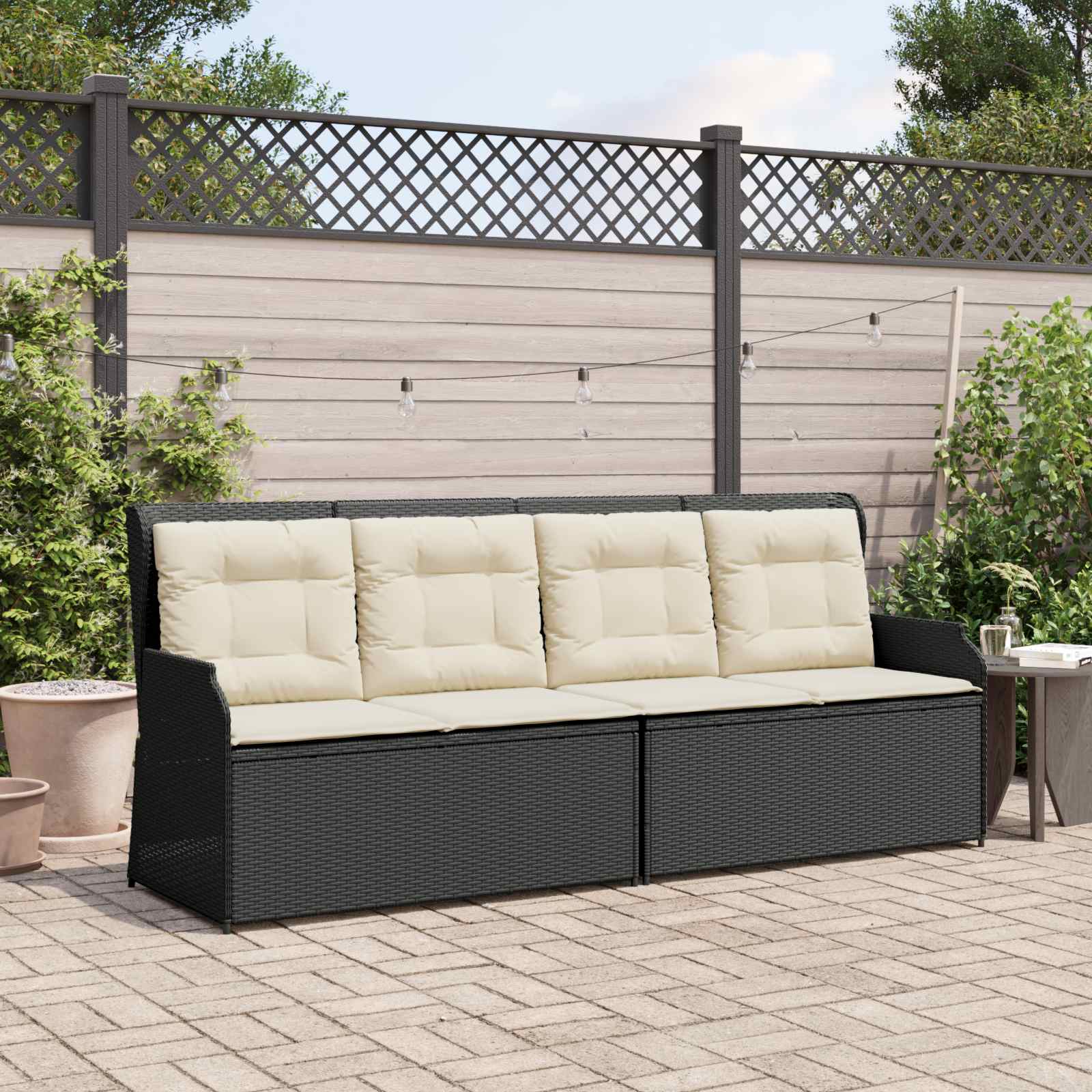 Gartenbank mit Kissen Schwarz und Cremeweiß Poly-Rattan