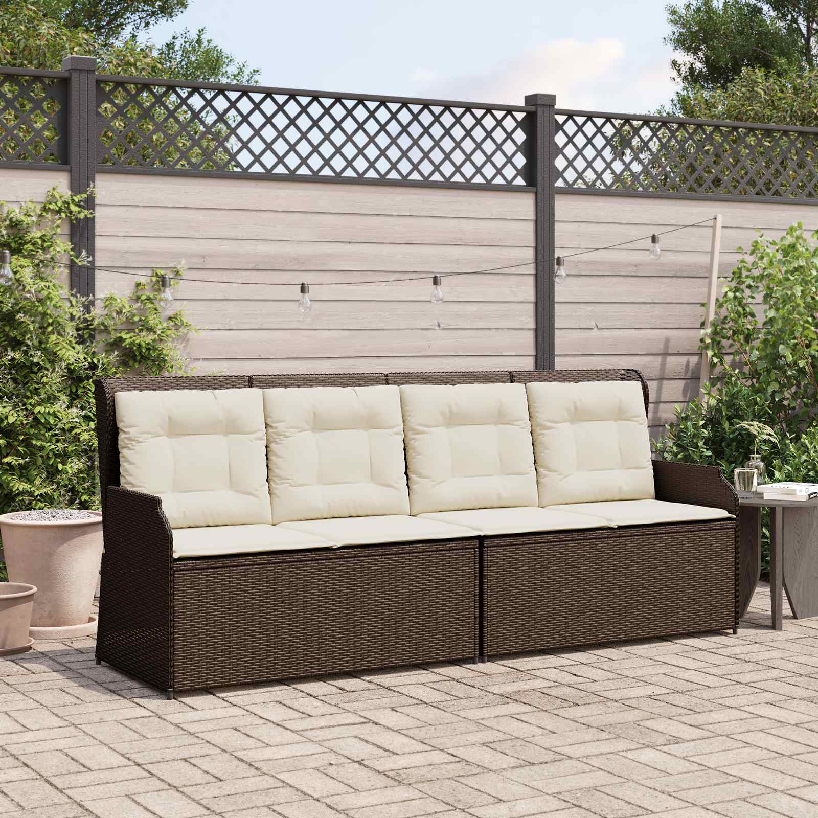 Gartenbank mit Kissen Schwarz und Cremeweiß Poly-Rattan