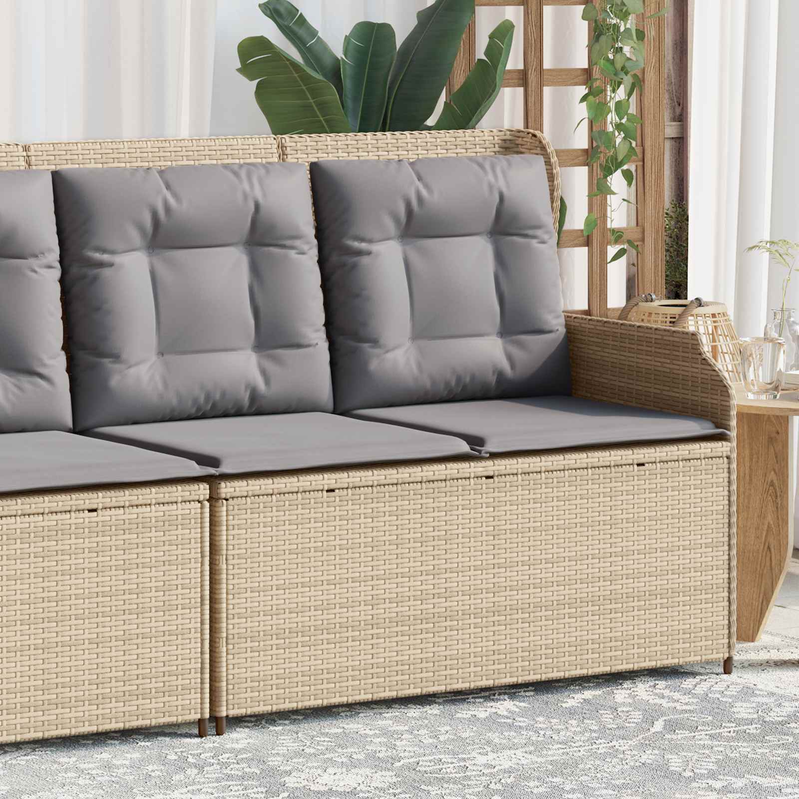 Gartenbank mit Kissen Beige und Grau Poly-Rattan