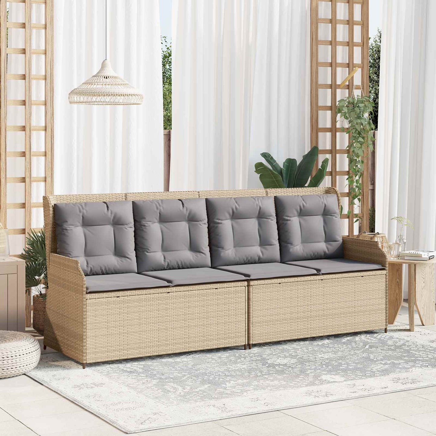 Gartenbank mit Kissen Beige und Grau Poly-Rattan