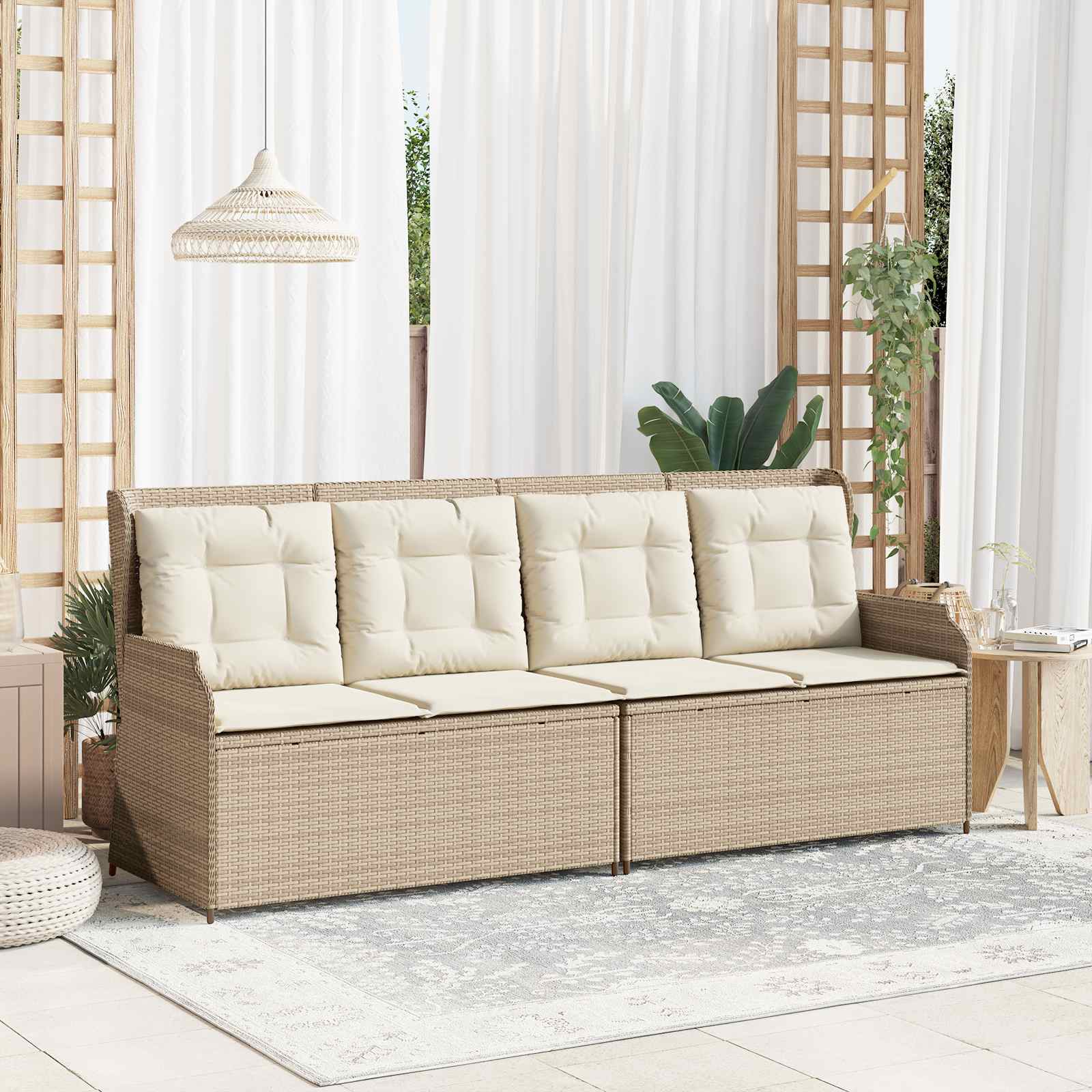 Gartenbank mit Kissen Schwarz und Cremeweiß Poly-Rattan