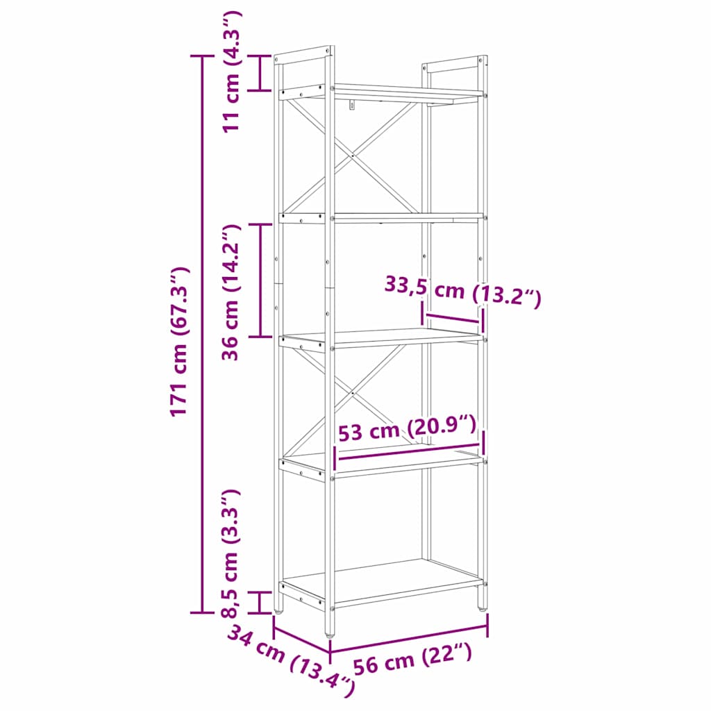 Bücherregal Schwarz Eichen-Optik 56 x 34 x 171 cm Holzwerkstoff