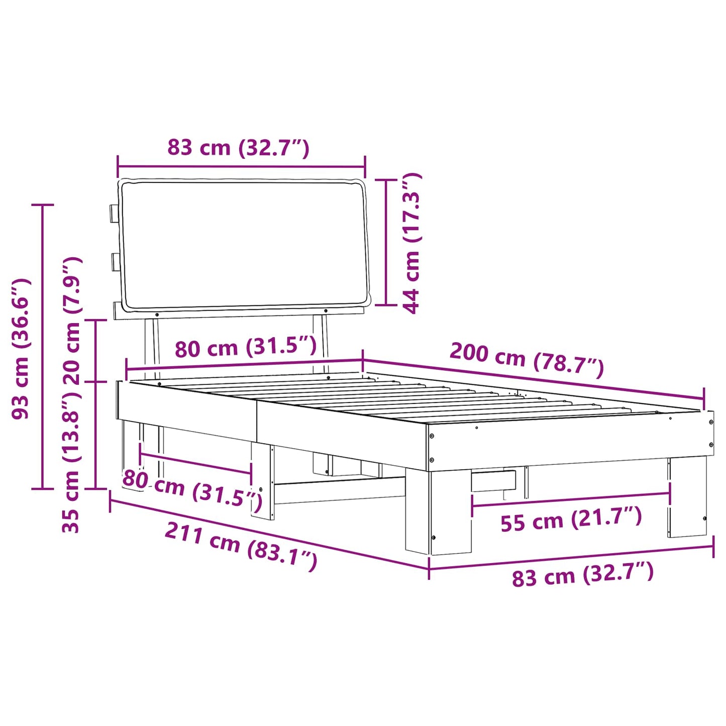 Bettgestell mit gepolstertem Kopfteil Schwarz 80 x 200 cm