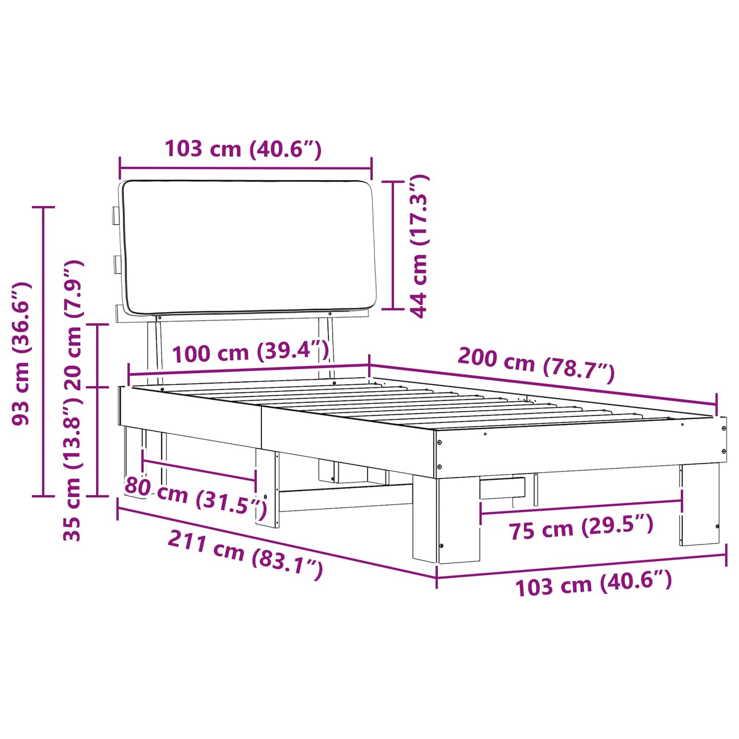 Bettgestell mit gepolstertem Kopfteil Dunkelgrau 100 x 200 cm