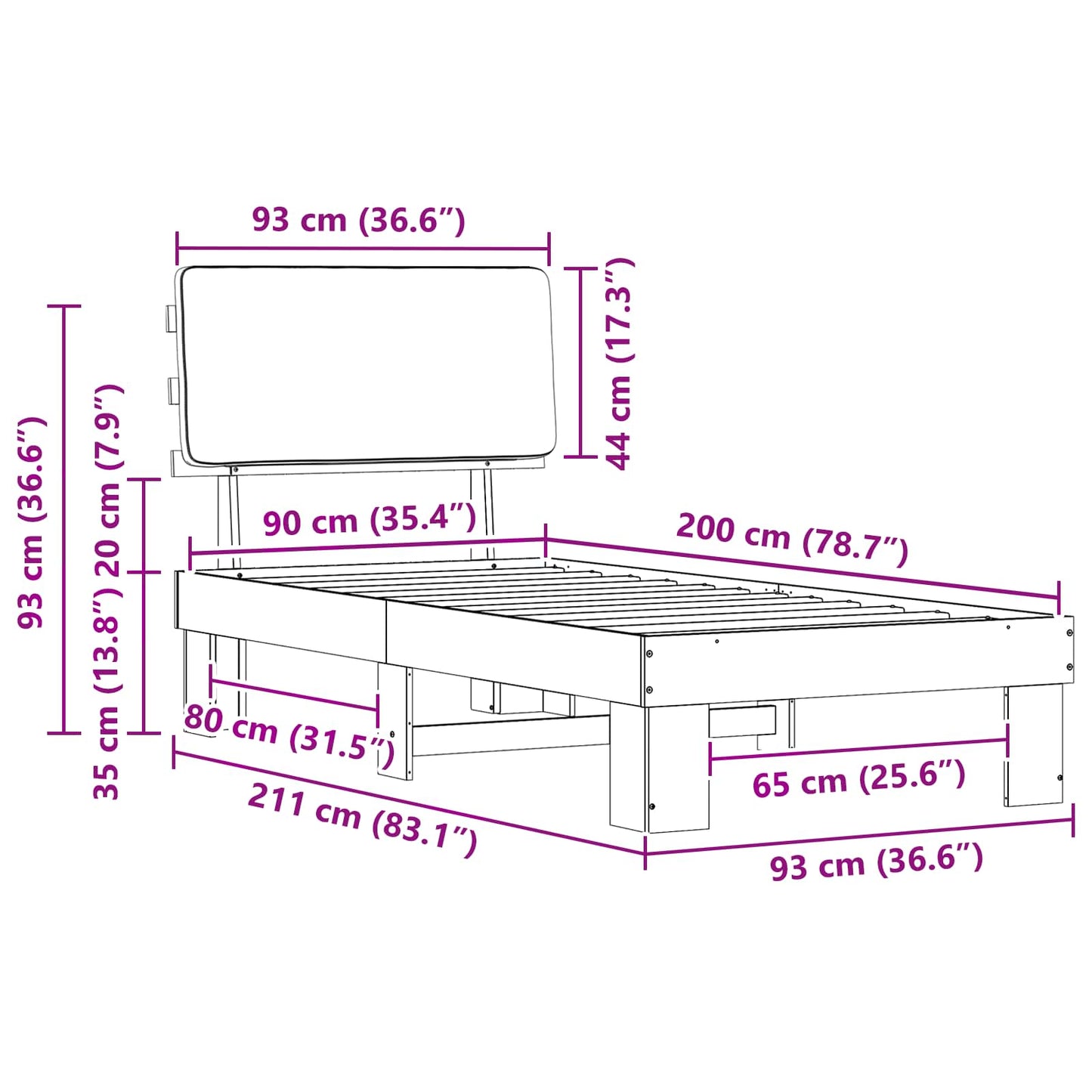 Bettgestell mit gepolstertem Kopfteil Hellgrau 90 x 200 cm