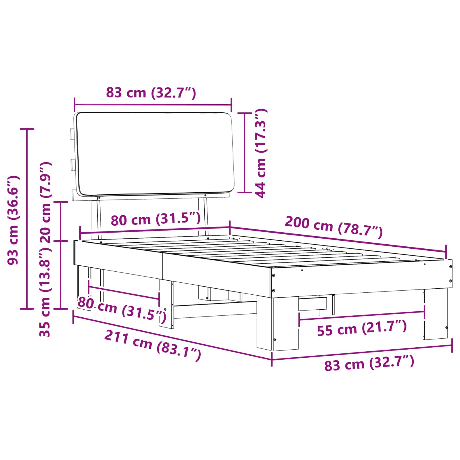 Bettgestell mit gepolstertem Kopfteil Hellgrau 80 x 200 cm