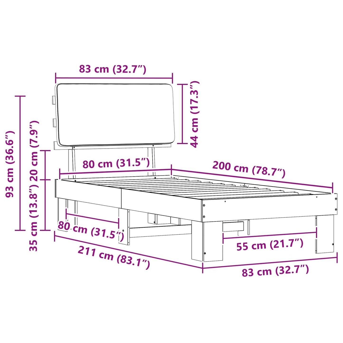 Bettgestell mit gepolstertem Kopfteil Hellgrau 80 x 200 cm
