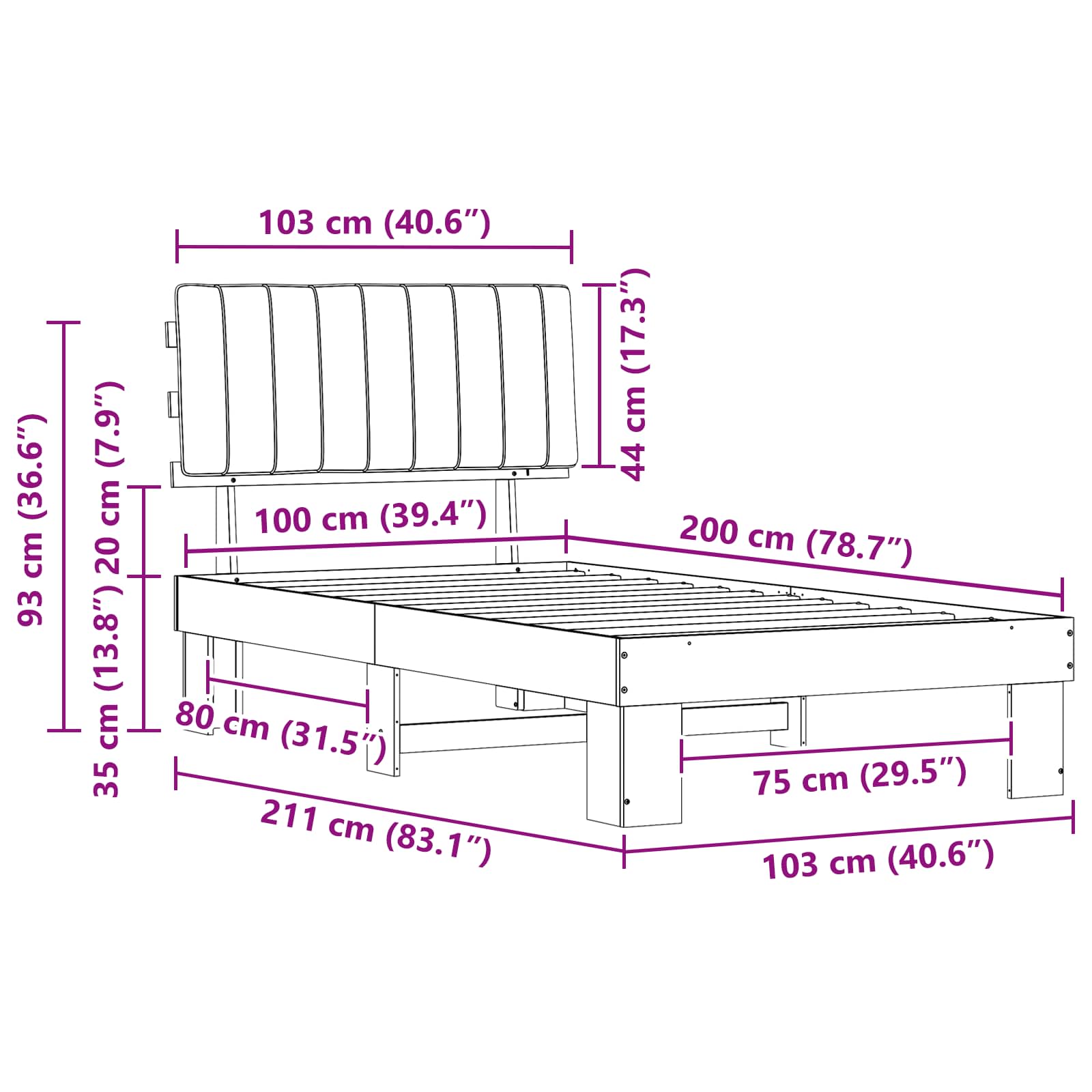 Bettgestell mit gepolstertem Kopfteil Dunkelgrau 100 x 200 cm
