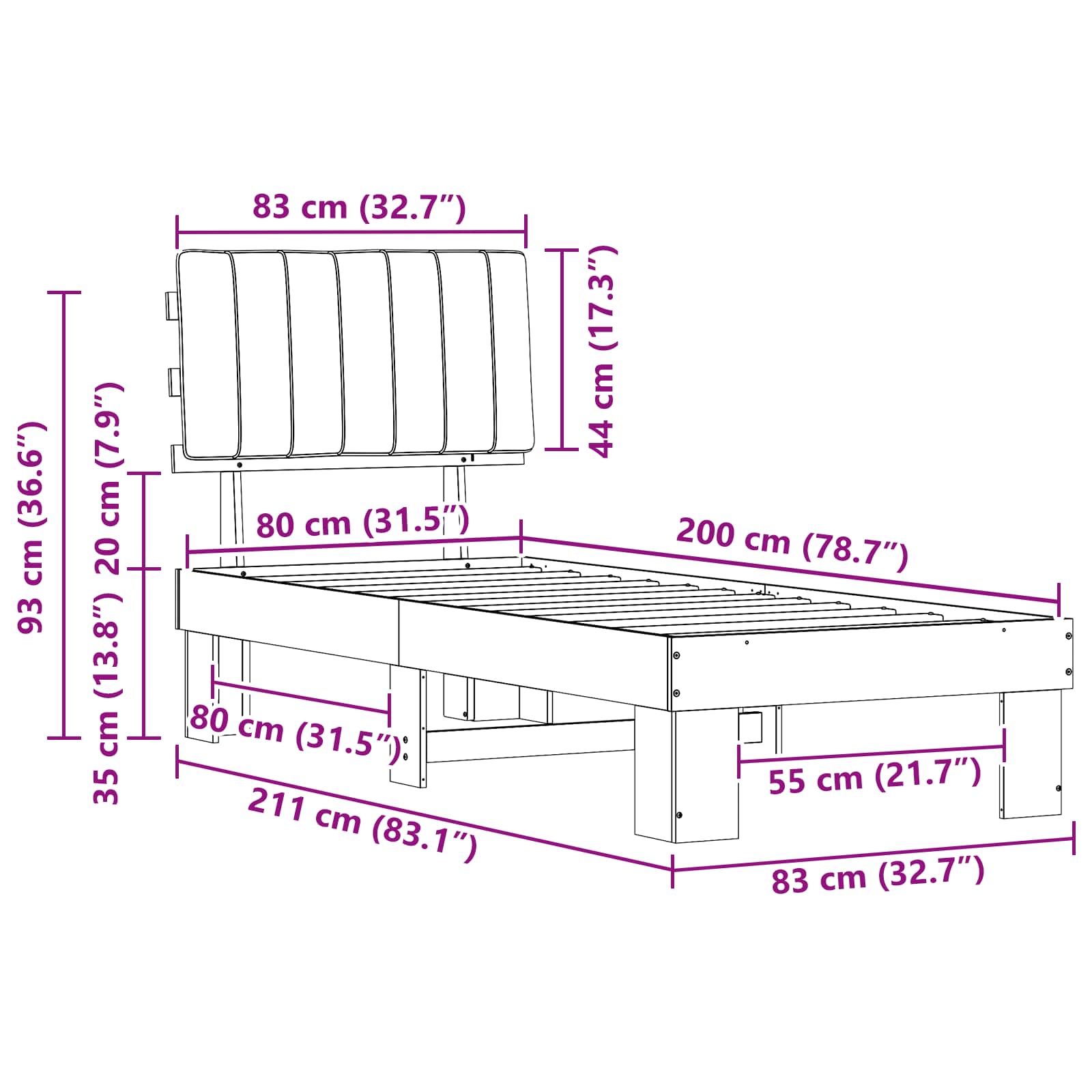 Bettgestell mit gepolstertem Kopfteil Schwarz 80 x 200 cm