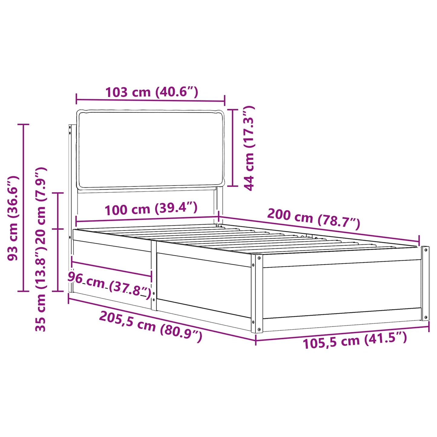 Bettgestell mit gepolstertem Kopfteil Dunkelgrau 100 x 200 cm