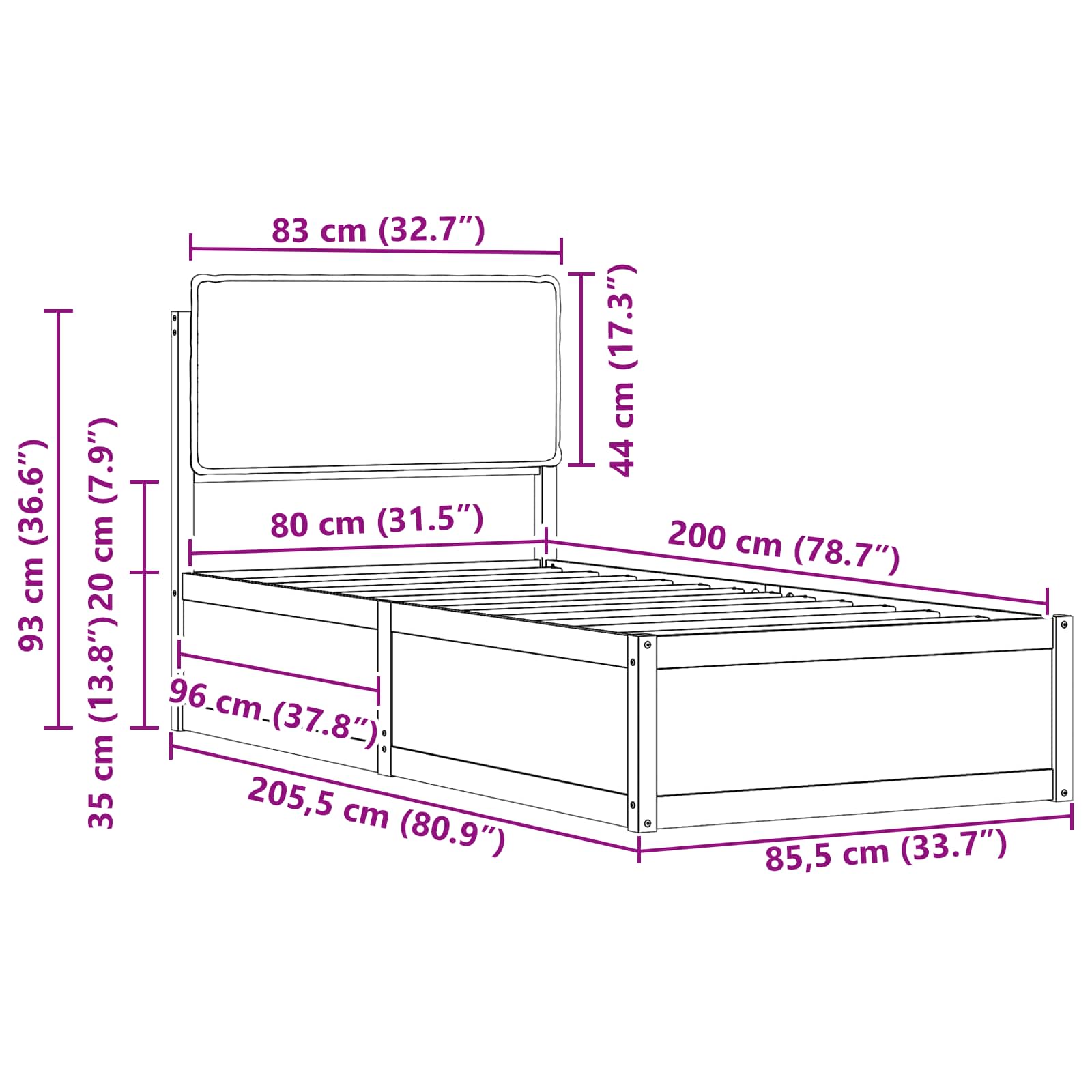 Bettgestell mit gepolstertem Kopfteil Hellgrau 80 x 200 cm