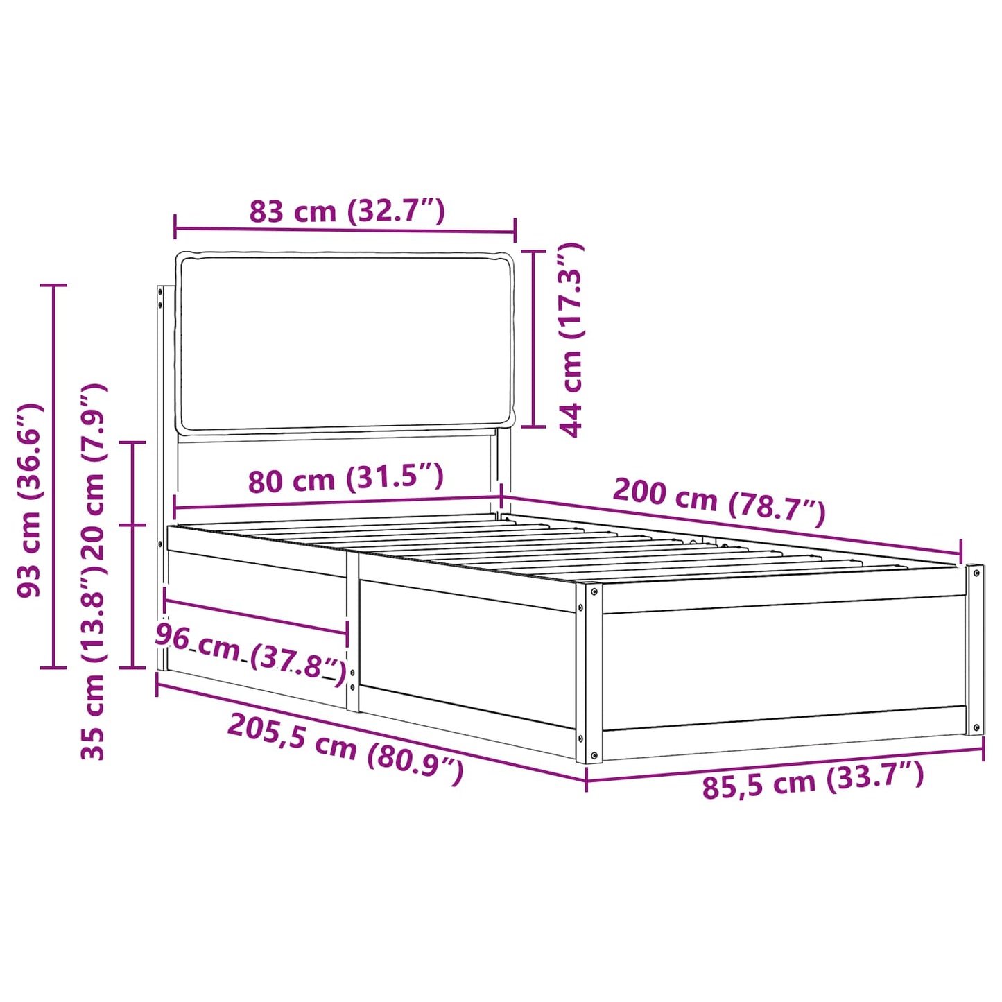 Bettgestell mit gepolstertem Kopfteil Dunkelgrau 80 x 200 cm