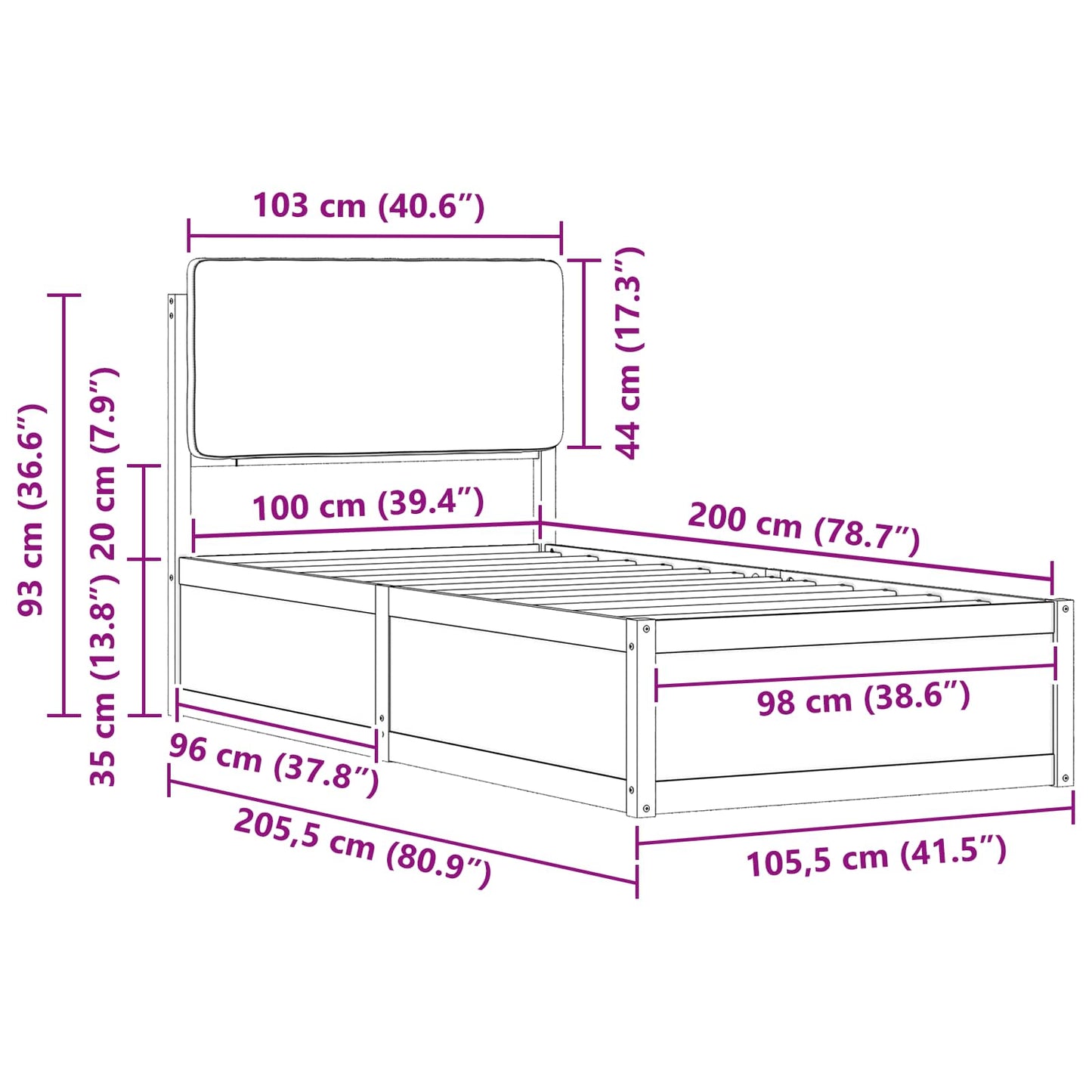 Bettgestell mit gepolstertem Kopfteil Dunkelgrau 100 x 200 cm