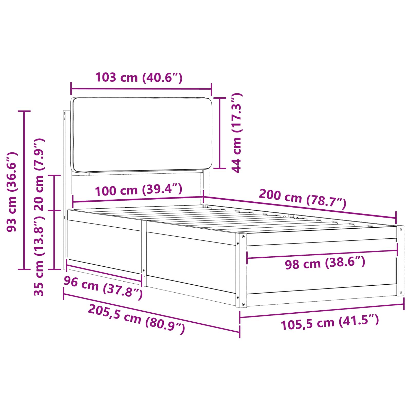Bettgestell mit gepolstertem Kopfteil Dunkelgrau 100 x 200 cm