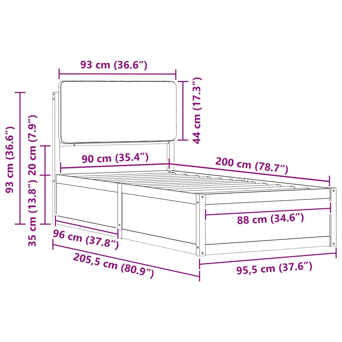 Bettgestell mit gepolstertem Kopfteil Dunkelgrau 90 x 200 cm