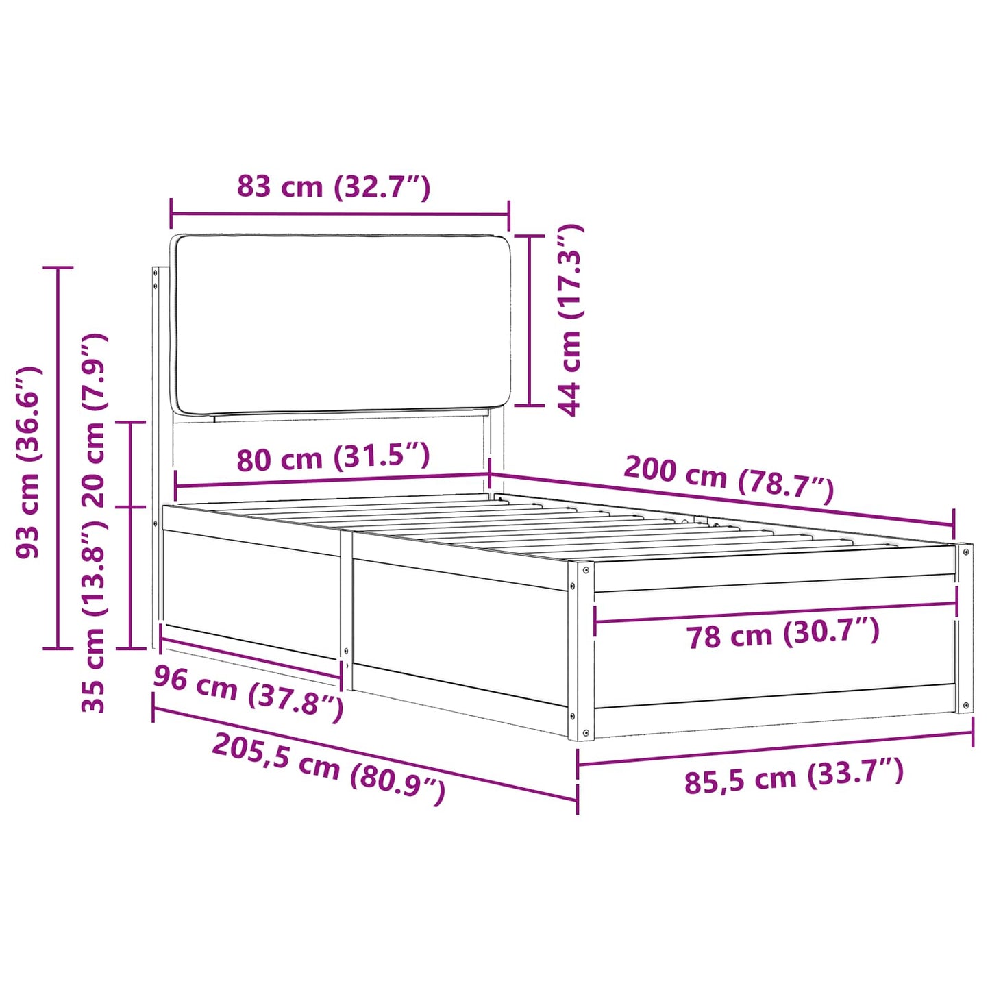 Bettgestell mit gepolstertem Kopfteil Schwarz 80 x 200 cm