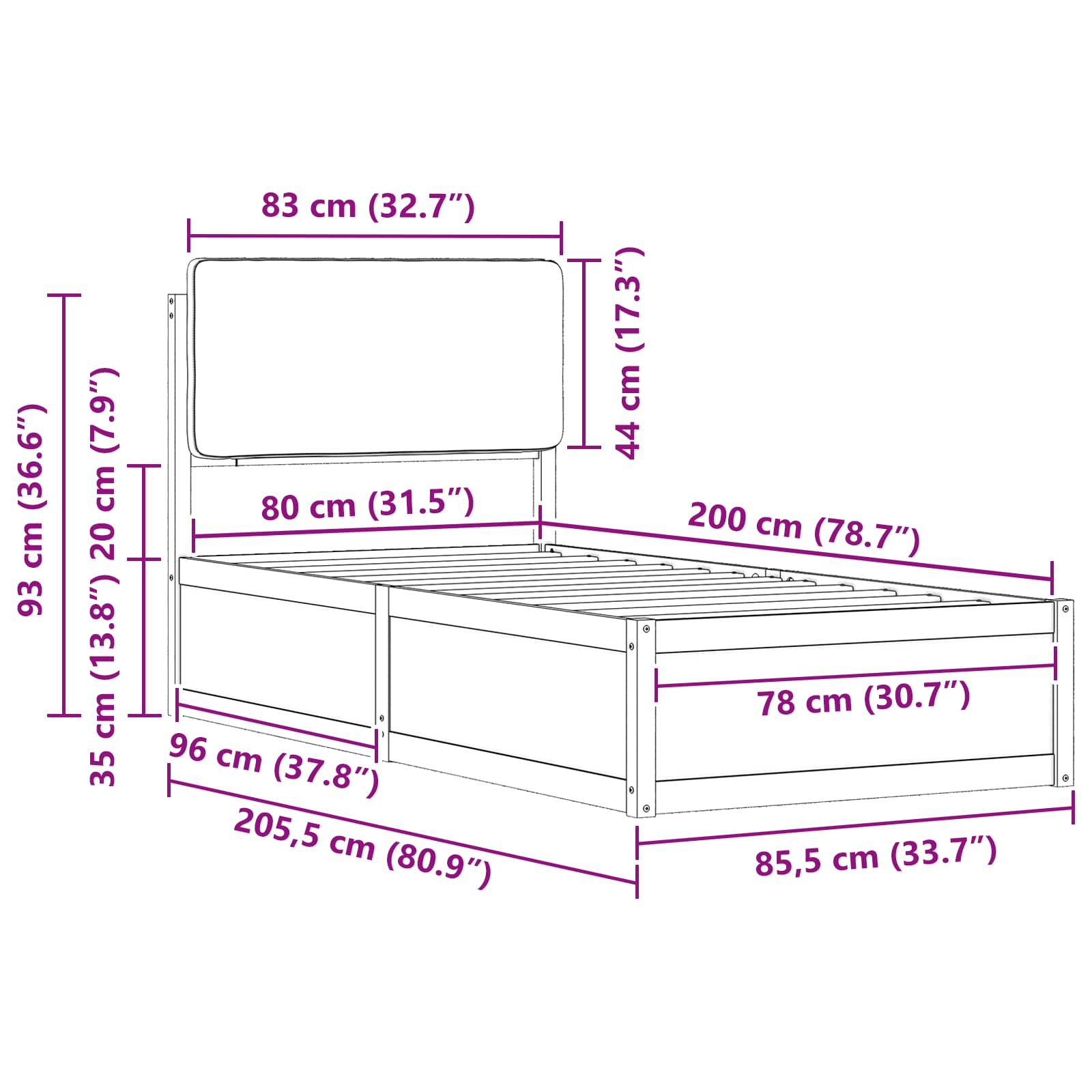 Bettgestell mit gepolstertem Kopfteil Schwarz 80 x 200 cm