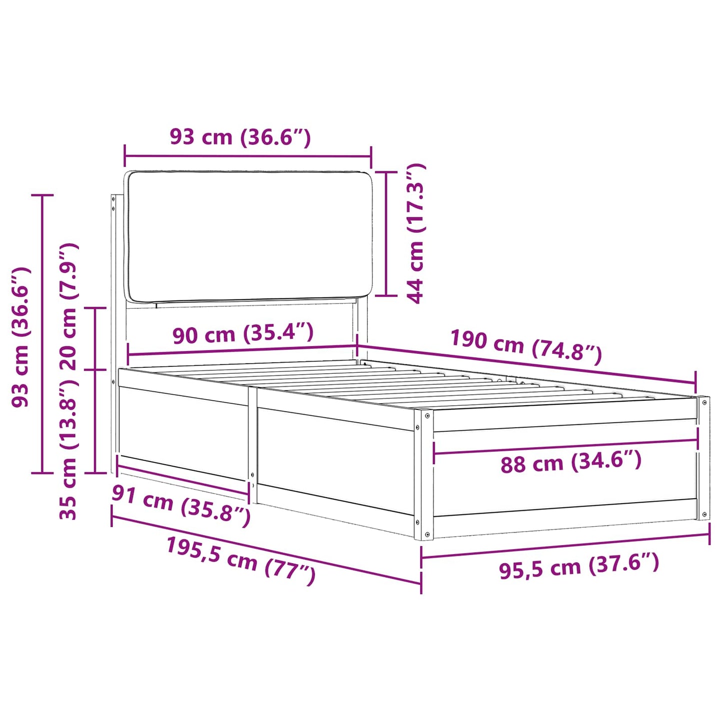 Bettgestell mit gepolstertem Kopfteil Schwarz 90 x 190 cm
