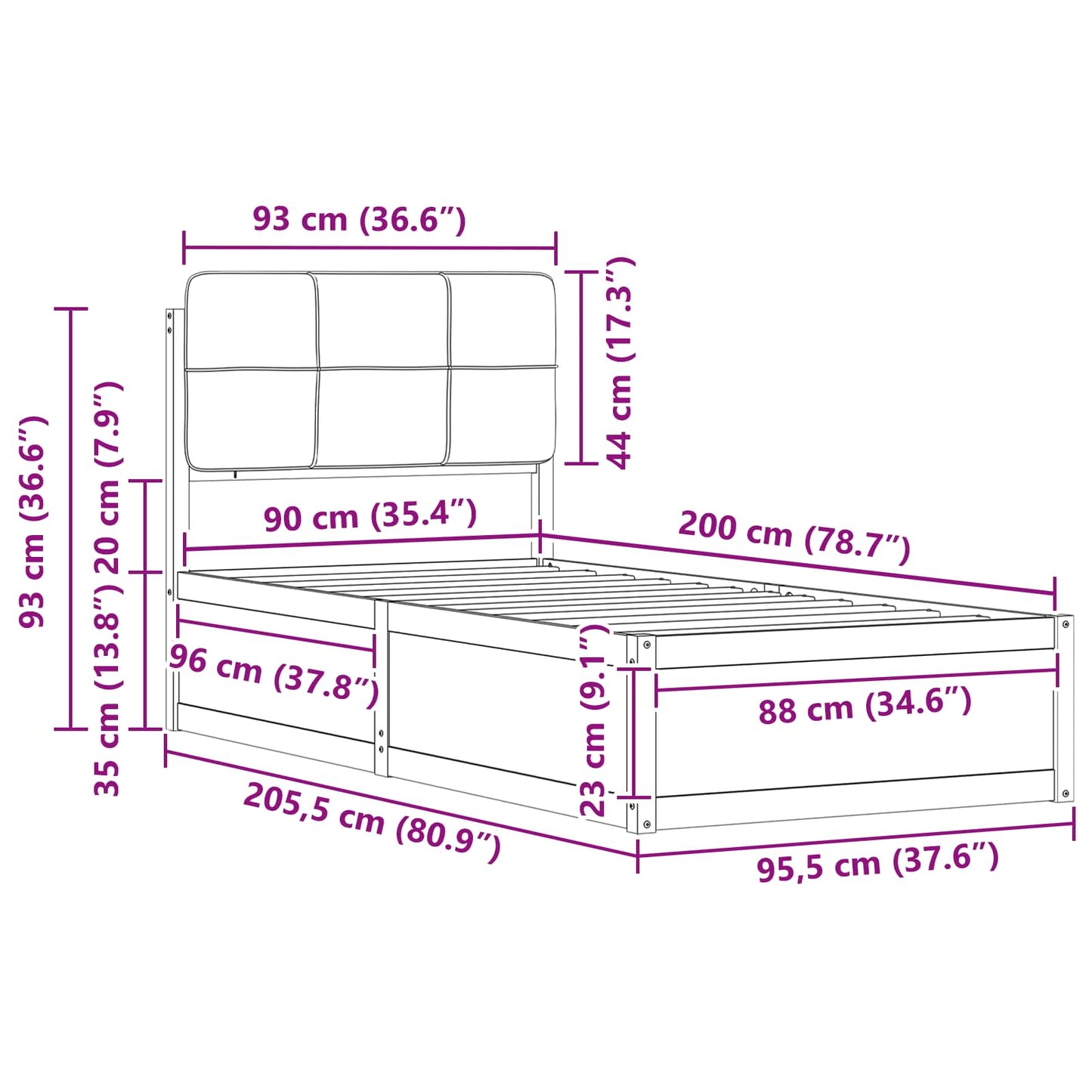 Bettgestell mit gepolstertem Kopfteil Schwarz 90 x 200 cm